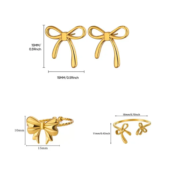 Gold_Bowknot_3_Pcs_Rings_Earrings_For_Women